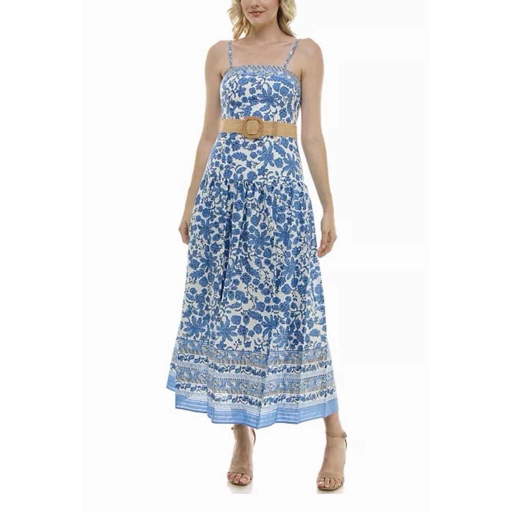 Taylor Women's Blue Floral Belted Maxi Dress Cottage Garden Party 12 New $129